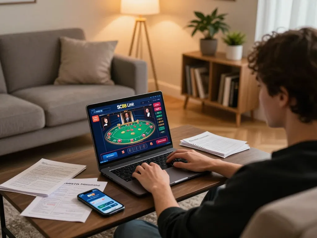 Engaged user accessing SC88 Link for online gaming on laptop in cozy home setting.