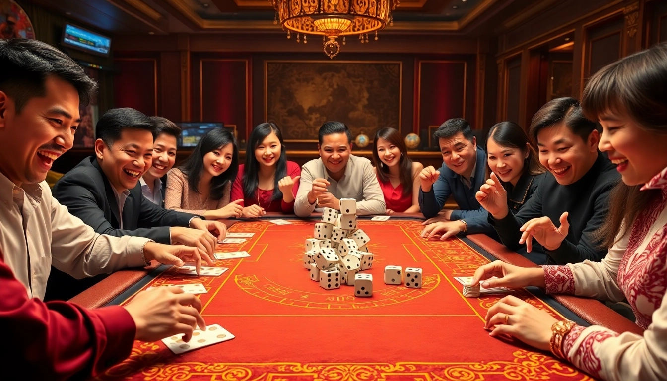 Cách Chơi Chắn 68gb thrilling gameplay at a casino table with vibrant colors and enthusiastic players.