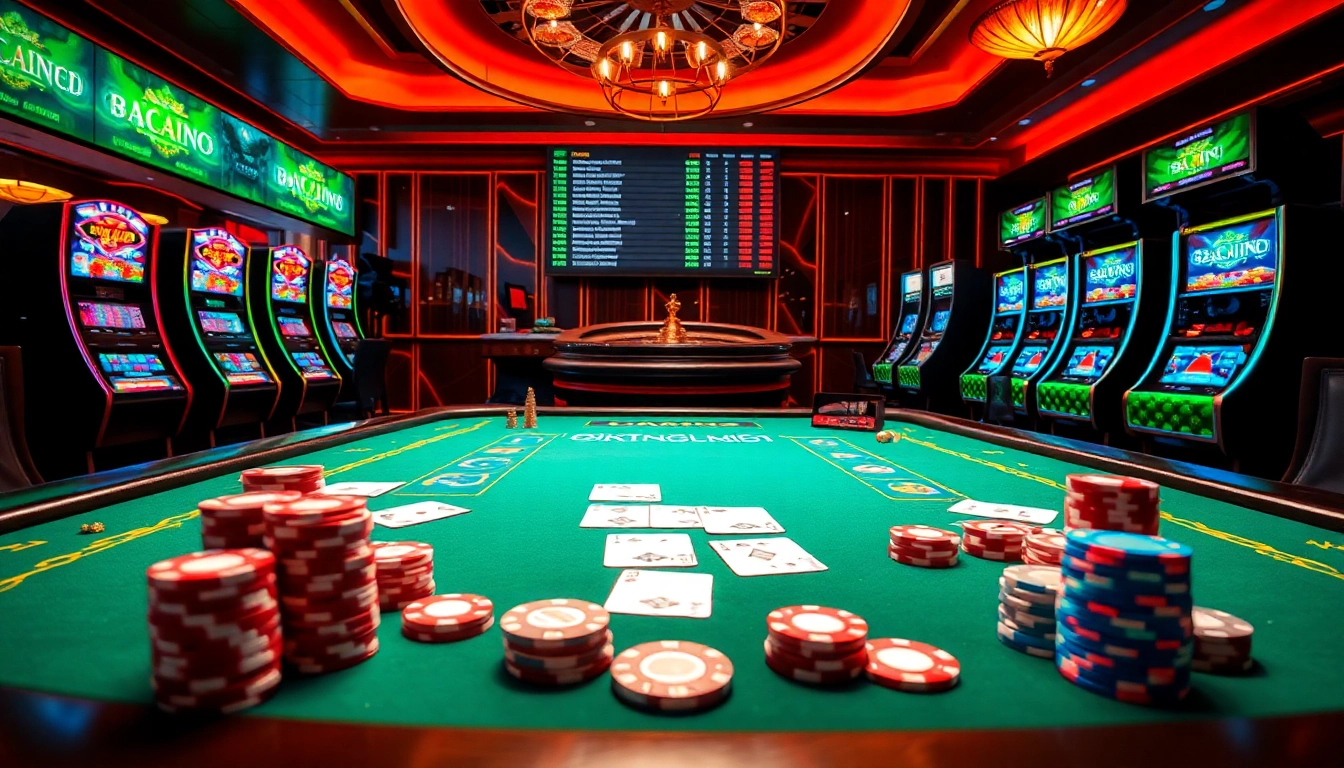 An engaging casino scene portraying the excitement of okwin liên minh with poker tables, roulette, and vibrant slot machines.