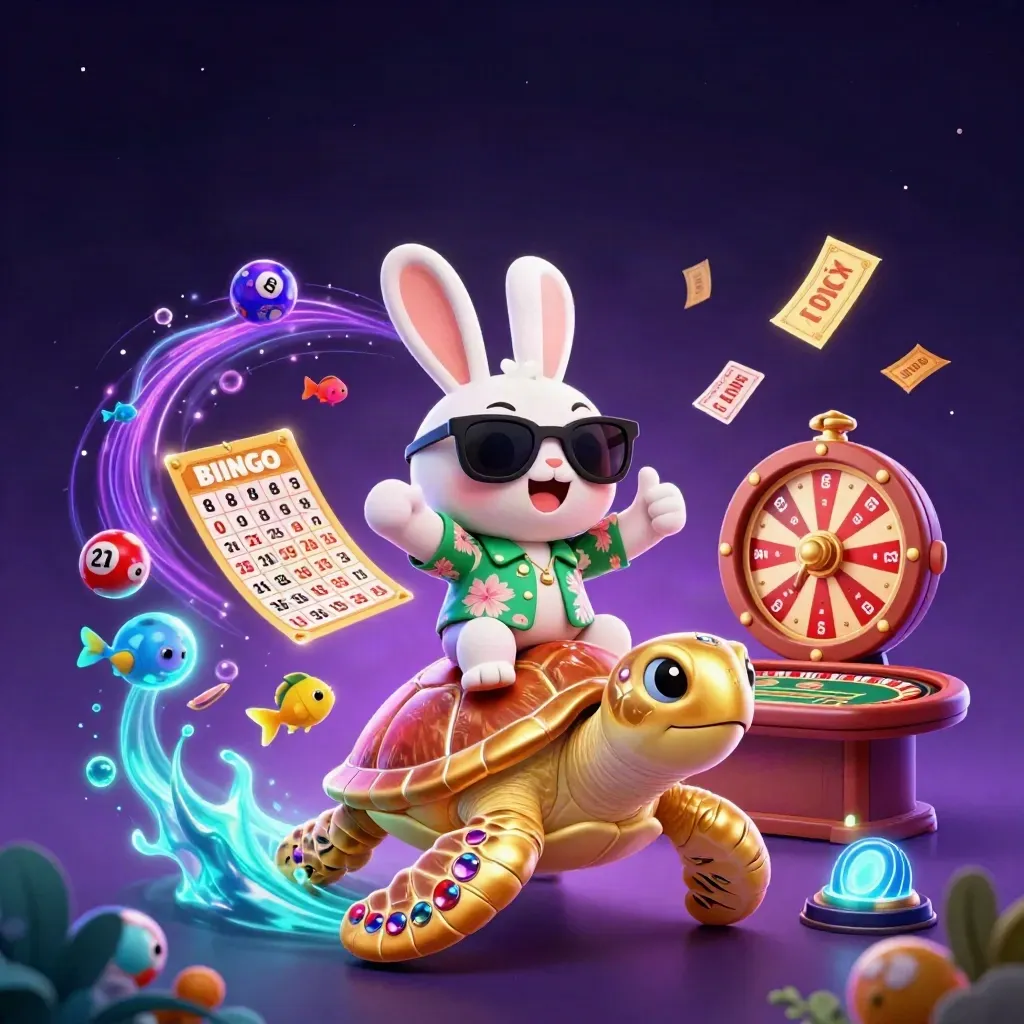 Lucky rabbit rides a gem-shell turtle through neon casino magic with wheels, balls, cards and glow.