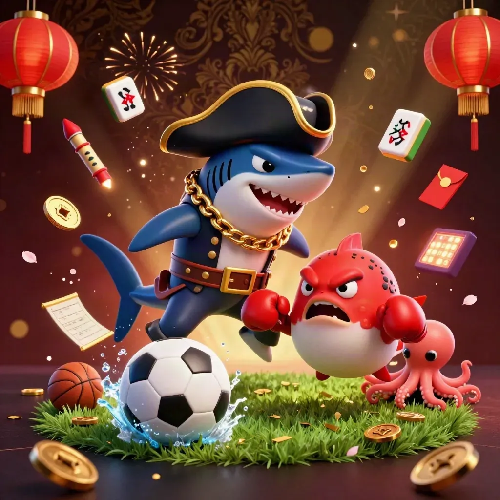 Pirate shark, pufferfish, and octopus amid casino sports props and gold effects.