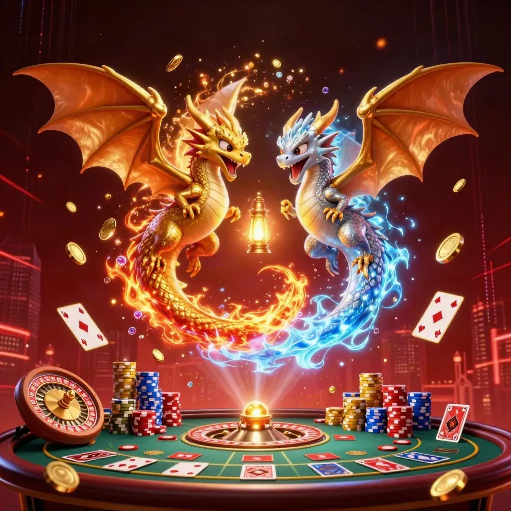 Gold and silver dragons spiral with coins, cards, chips, and a glowing lantern spirit in a dark neon casino scene.