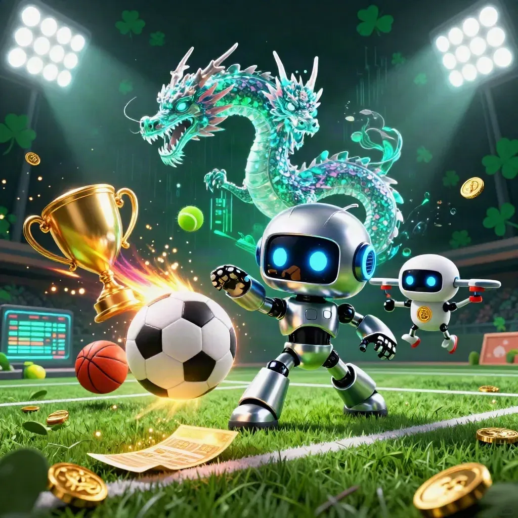Robot mascot, holographic dragon and coin drone on a neon grass court with balls and gold coins.