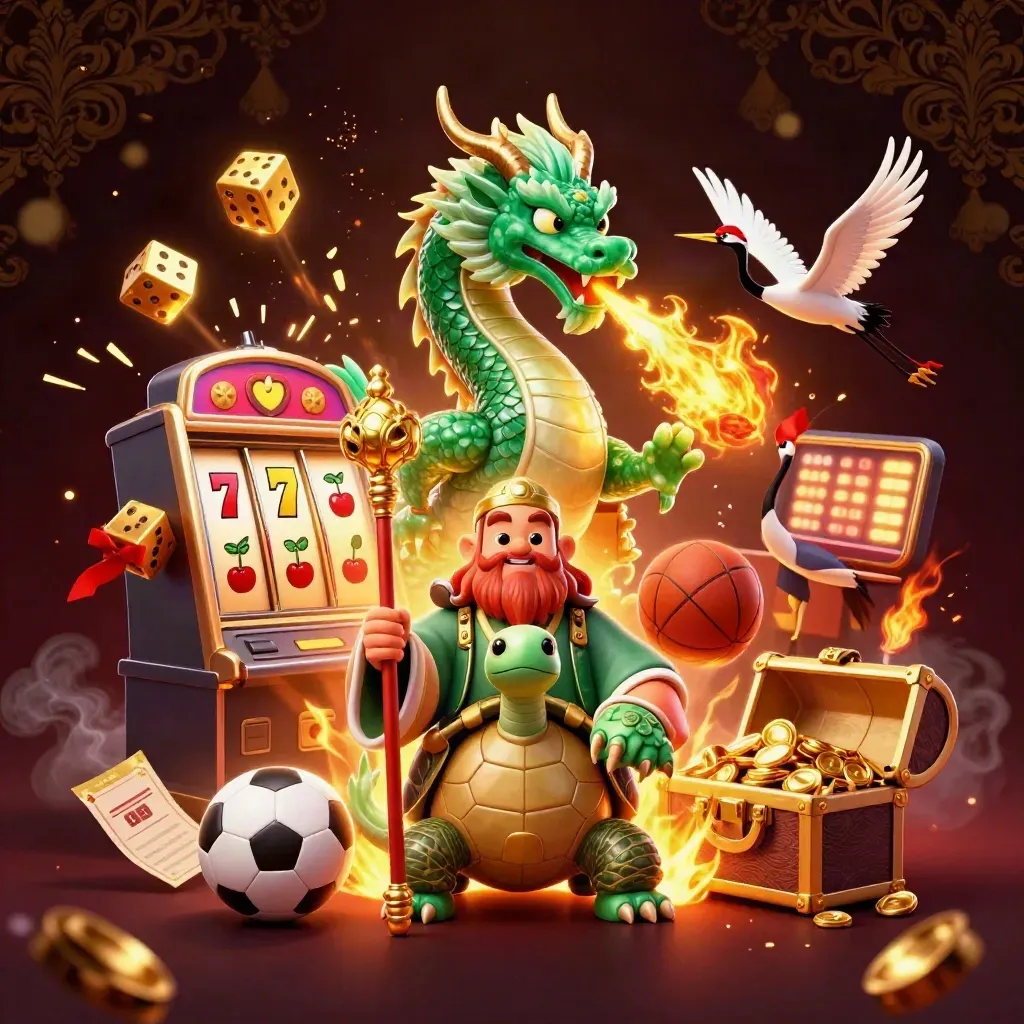 Low-angle casino fantasy burst: jade dragon, turtle sage, cranes, slot symbols, balls and gold