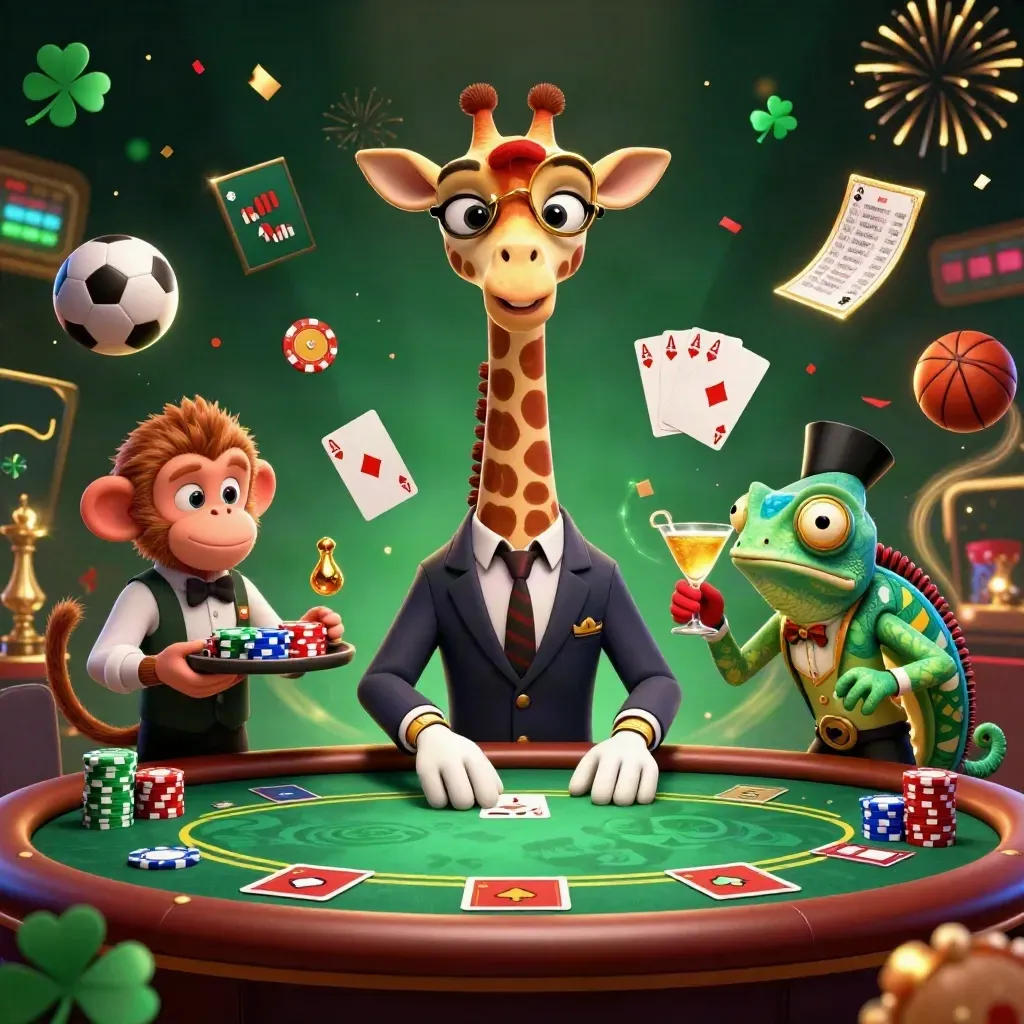 Giraffe, monkey and chameleon at a luxe poker table with chips, cards and casino lights.