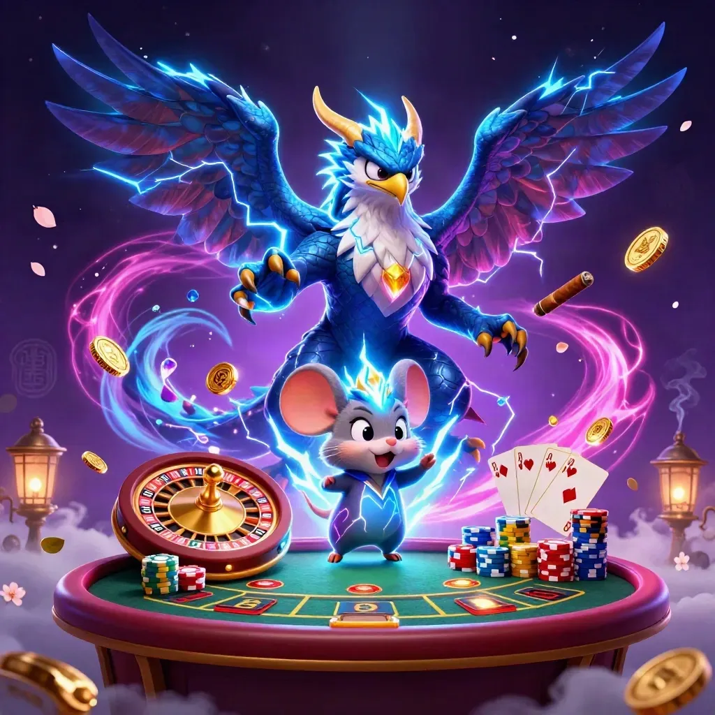 Lightning dragon, hawk, and mouse in luxe casino magic with coins, gems, wheel, cards, and chips.