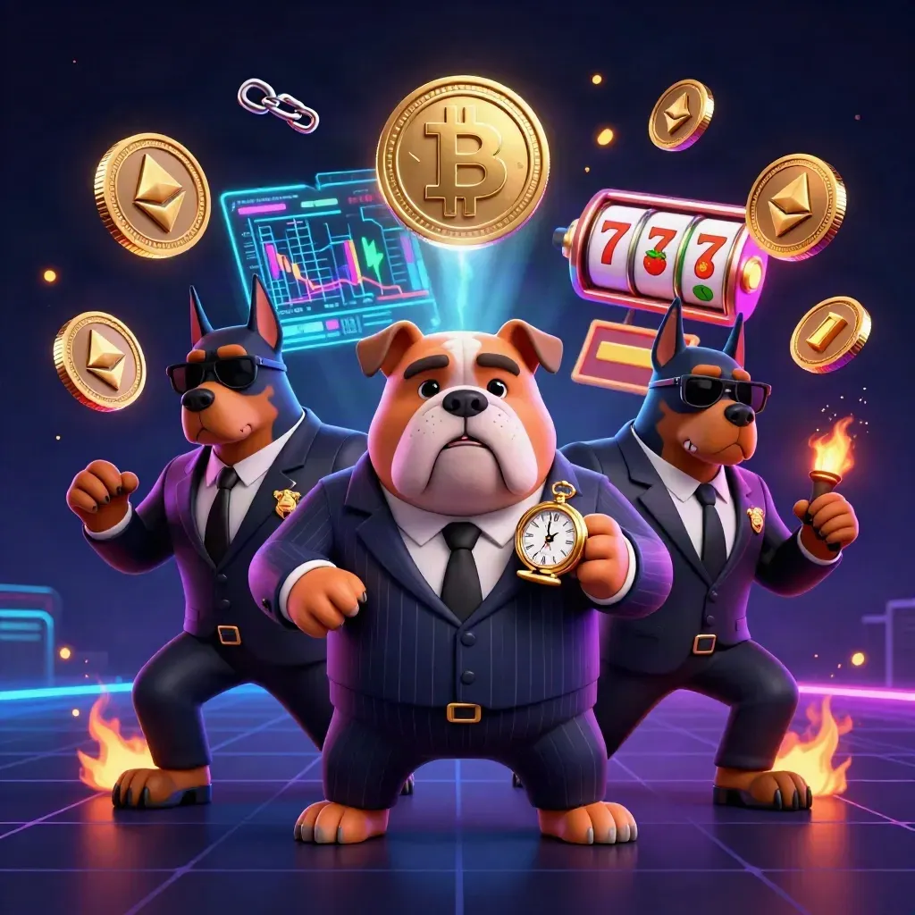 Bulldog boss and Doberman guards amid neon crypto casino chaos and flying coins
