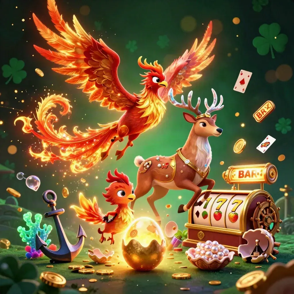 Phoenix, hatchling, and crystal stag amid treasure, coins, coral, and casino effects.