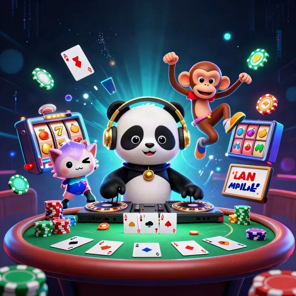 DJ panda, breakdancing monkey, and rave kitten amid casino props and neon bursts
