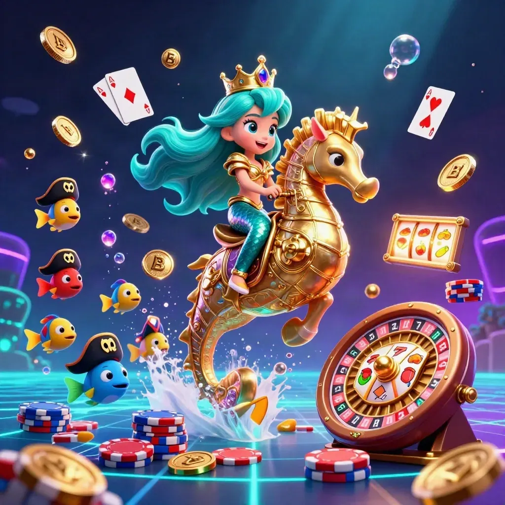 Mermaid princess on armored seahorse amid coins, cards, chips, roulette, and glowing underwater casino chaos