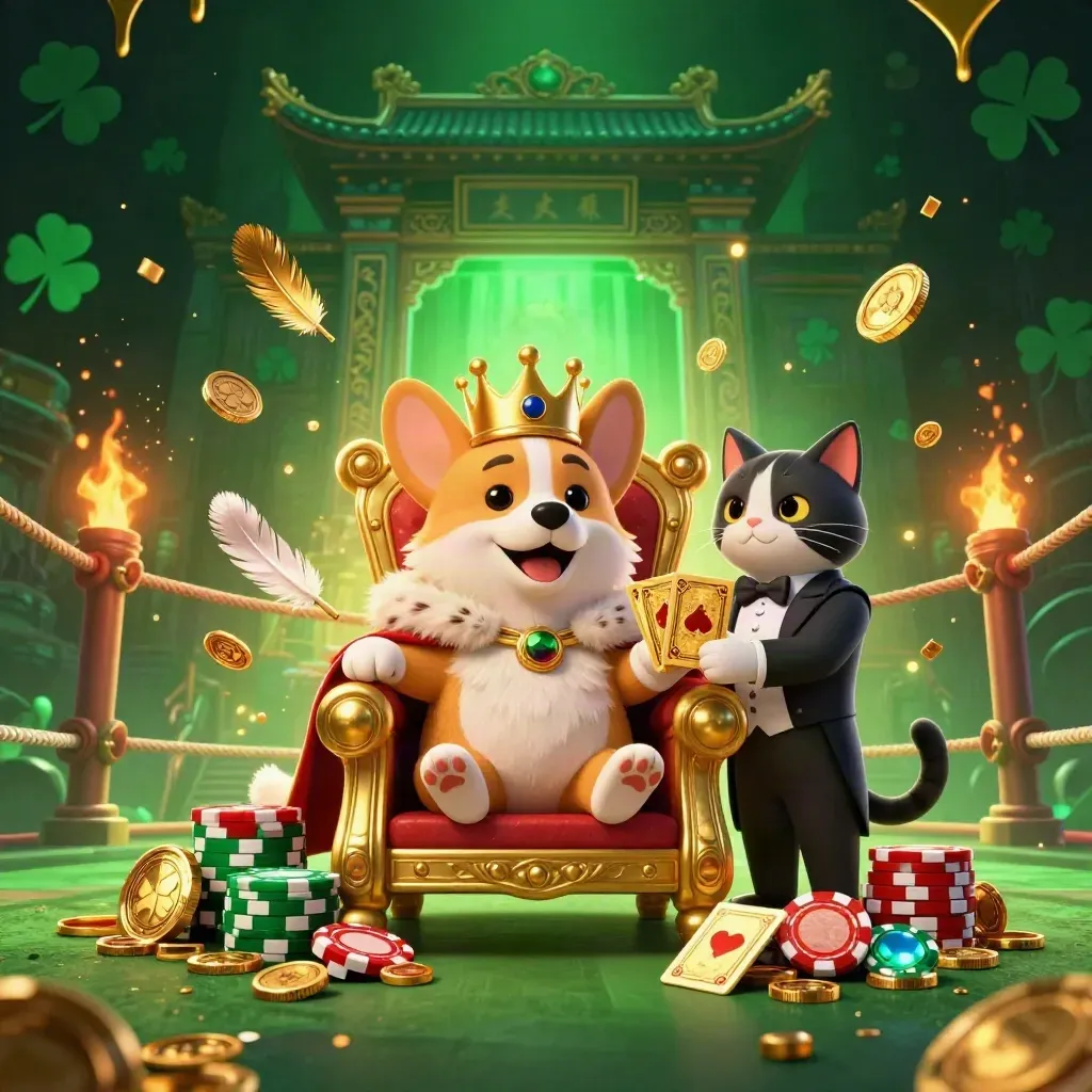 Royal corgi king and cat butler amid casino treasure and temple gate glow