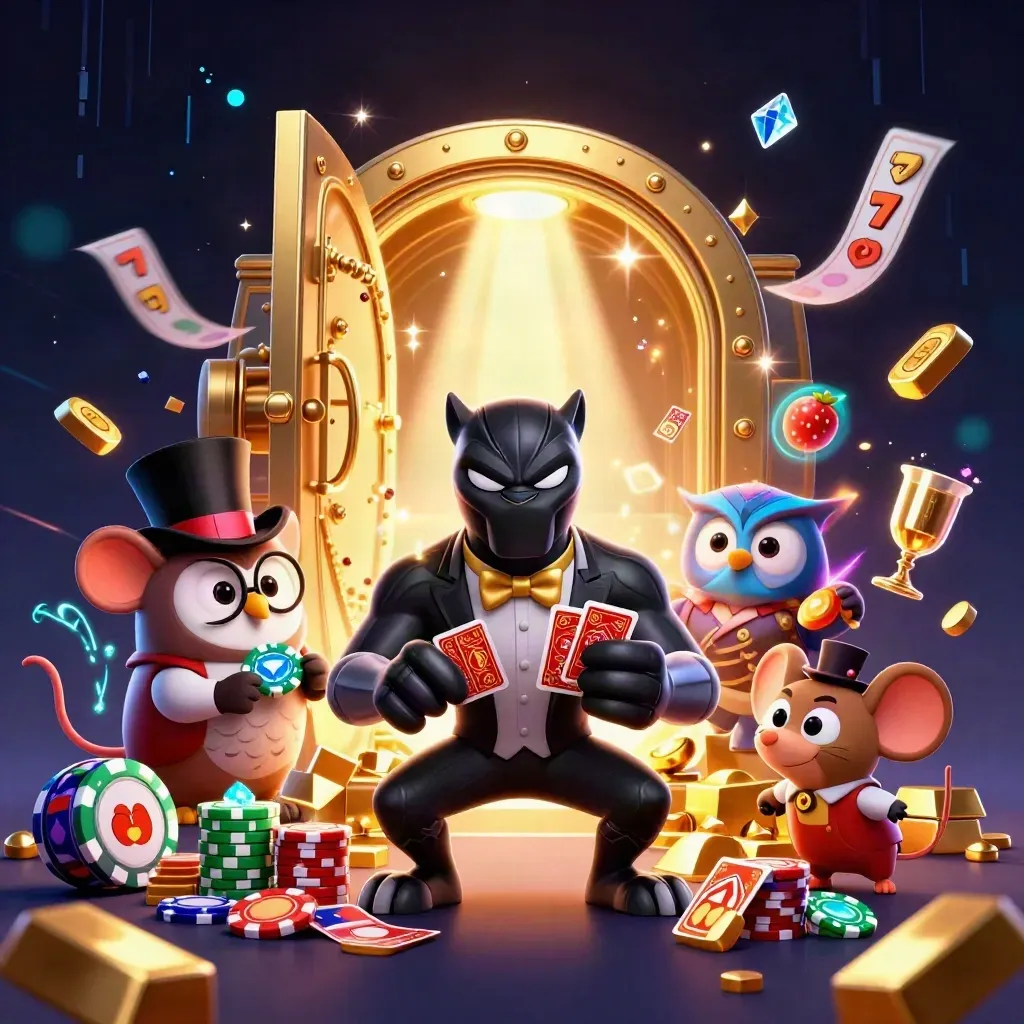 Tuxedo panther, owl, and mouse burst from a glowing vault amid gold and cyan neon.