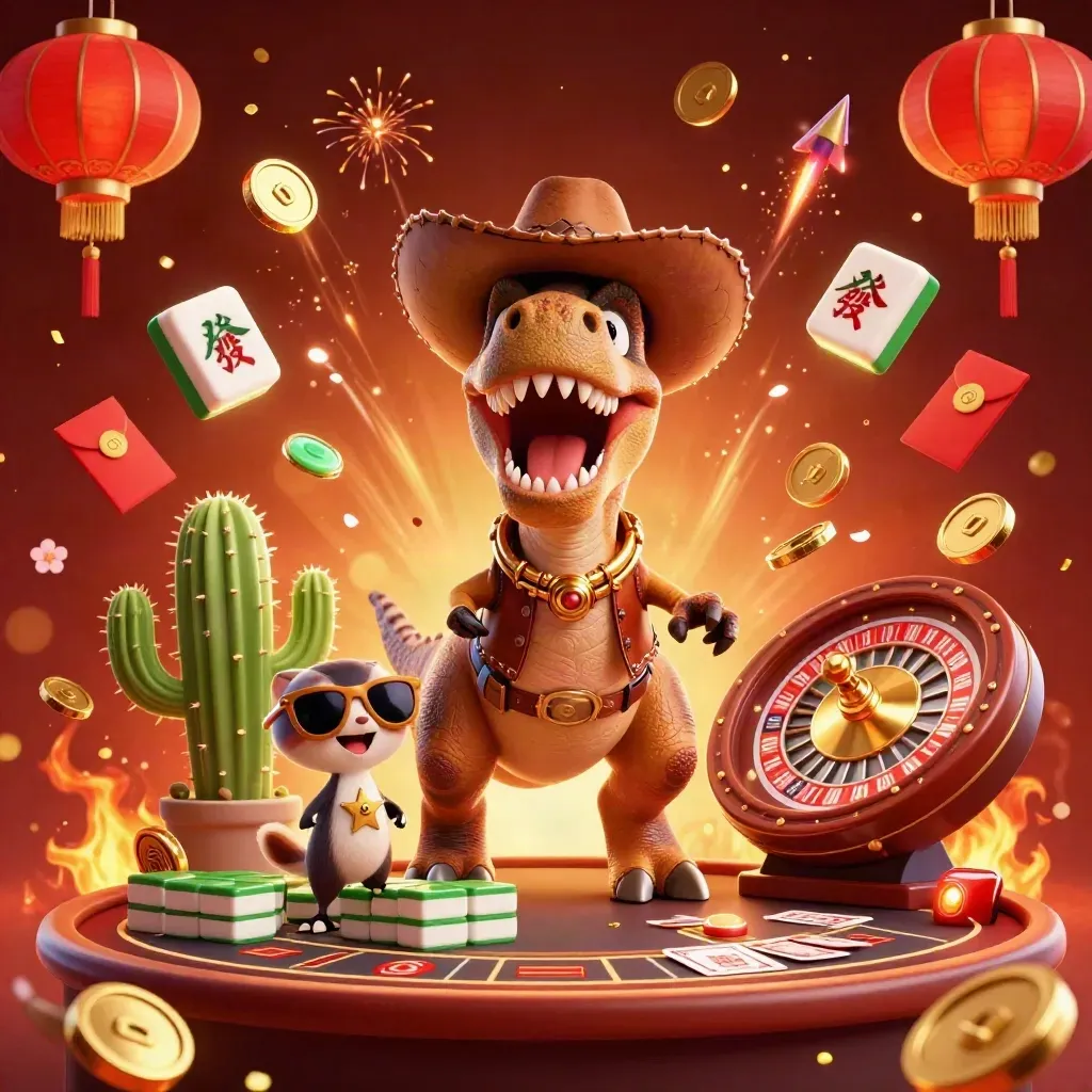 Cowboy T-Rex, cactus sidekick, and roadrunner amid casino coins, lanterns, cards, and fireworks.