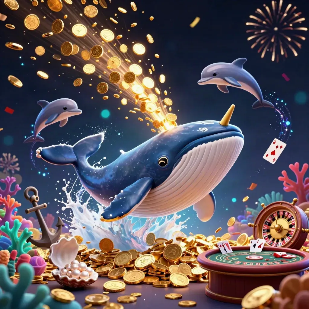 Whale captain, narwhal, and dolphins erupt from coins amid fireworks and casino icons.