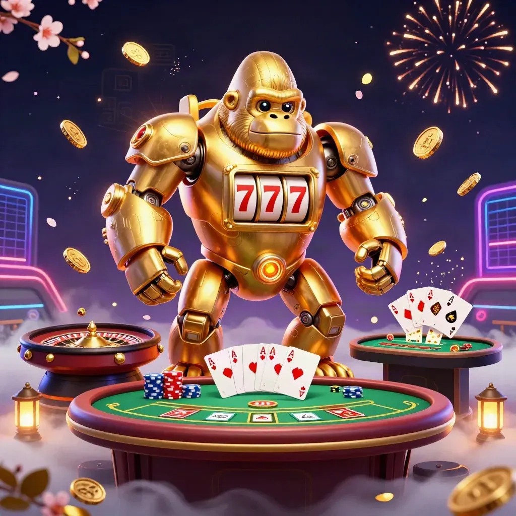 Golden gorilla mech with monkey pilot, coins, chips, cards, roulette, and casino lights