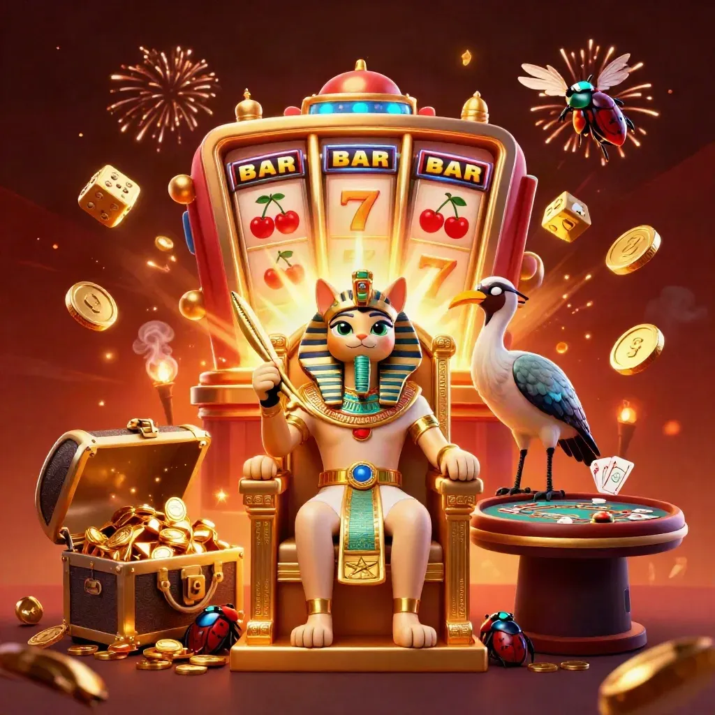 Pharaoh cat, ibis scribe and gem-wing scarabs amid jackpot slot burst, coins, roulette and cards