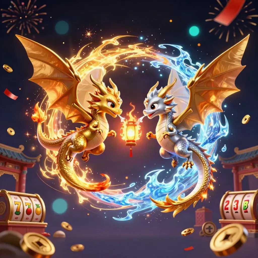 Gold and silver dragons form a yin-yang with lantern spirit amid casino relics and sparks.