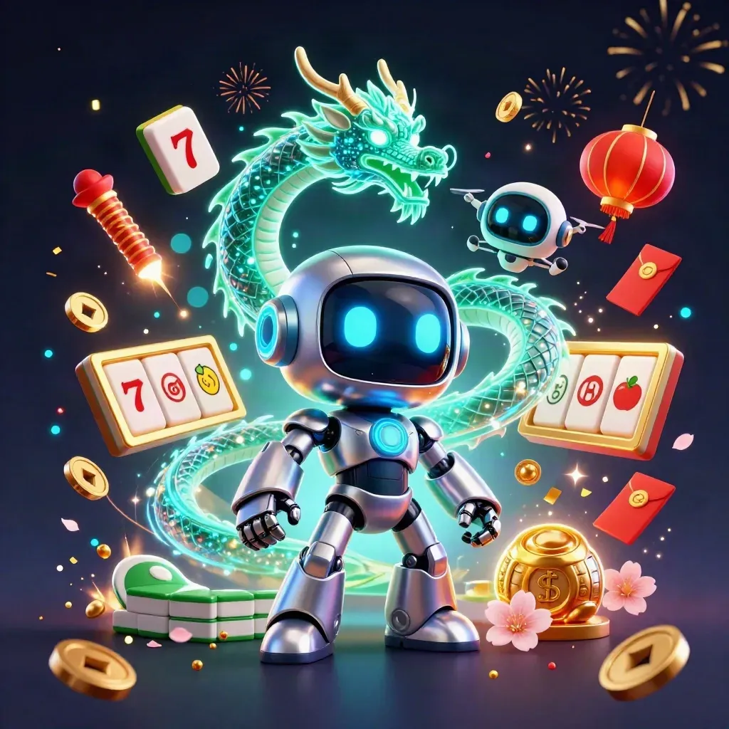 Cyberpunk robot mascot, holographic dragon and coin drone amid casino symbols and neon fireworks.