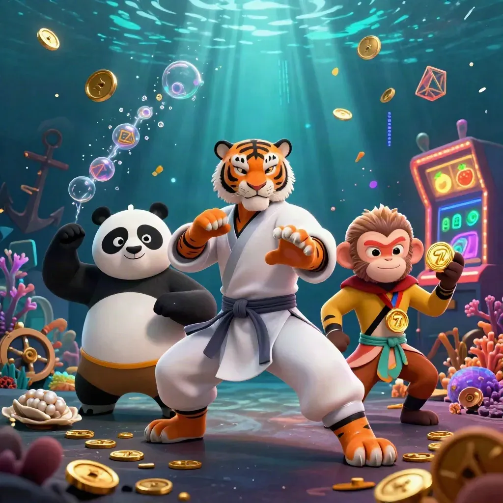 Kung-fu tiger, panda, and monkey in an underwater casino treasure cove with glowing reels.