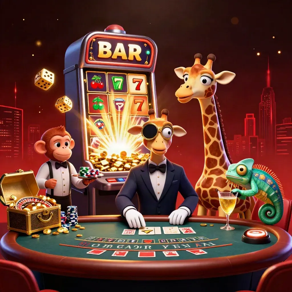 Cartoon giraffe, monkey, and chameleon in a luxe casino scene with slots, chips, dice, and gold