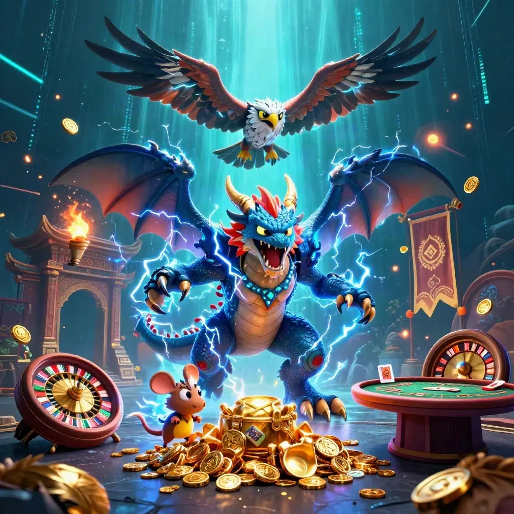Thunder dragon, wind hawk, and static mouse amid neon casino magic and lightning