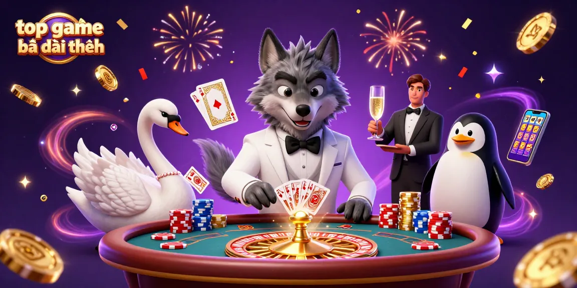 Experience top game bài đổi thưởng with a debonair wolf, an elegant swan, and a penguin sommelier in a vibrant casino scene.