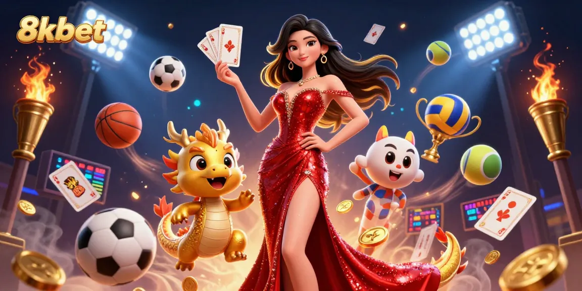 Experience thrilling betting with 8xbet as a glamorous woman and dragon welcome players to a rich casino world.