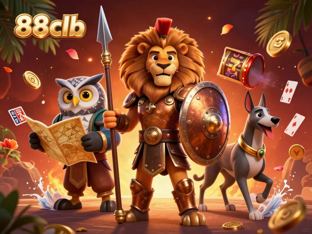 Experience the thrill of 88clb with a captivating 3D illustration featuring a heroic lion and gambling elements.