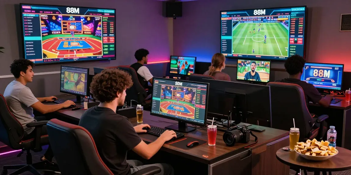 Players enjoying games and a vibrant interactive interface at https://88m.locker/ in a modern gaming lounge.