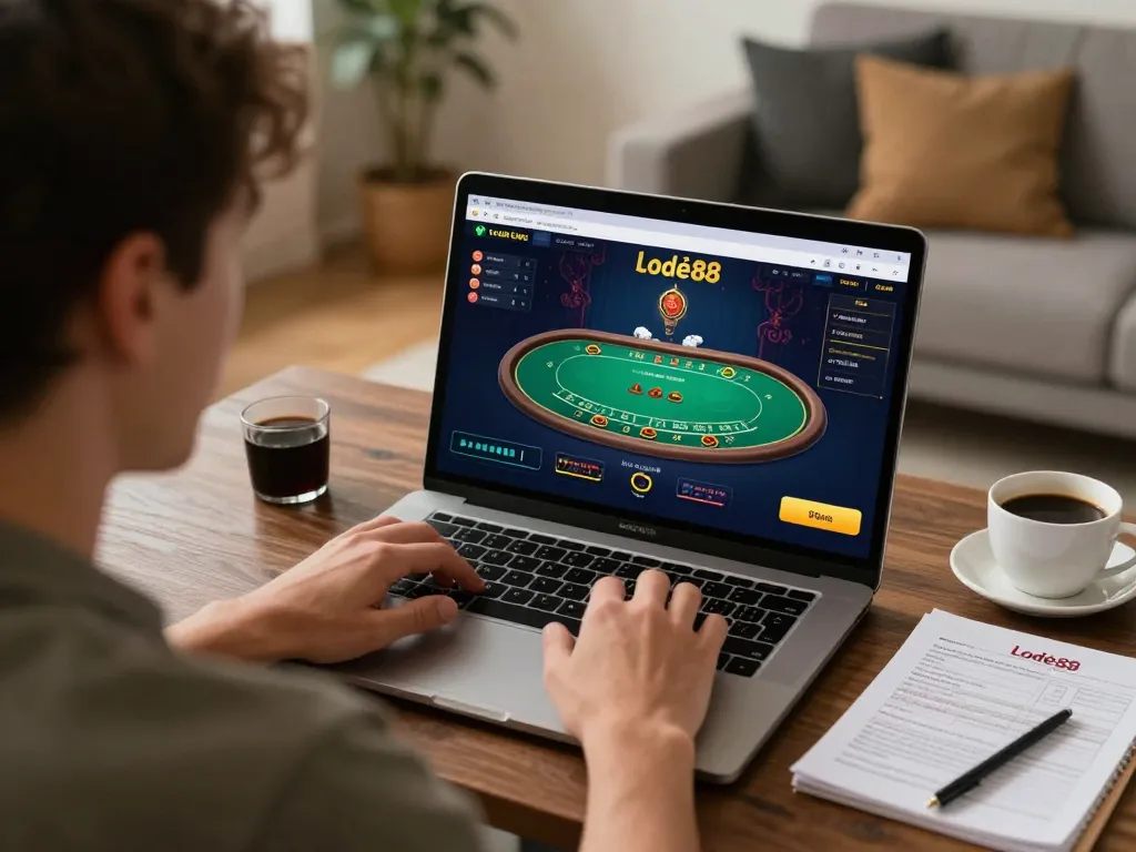 Engaged player at home using nhà cái lode88 for live dealer blackjack game in a cozy setting.
