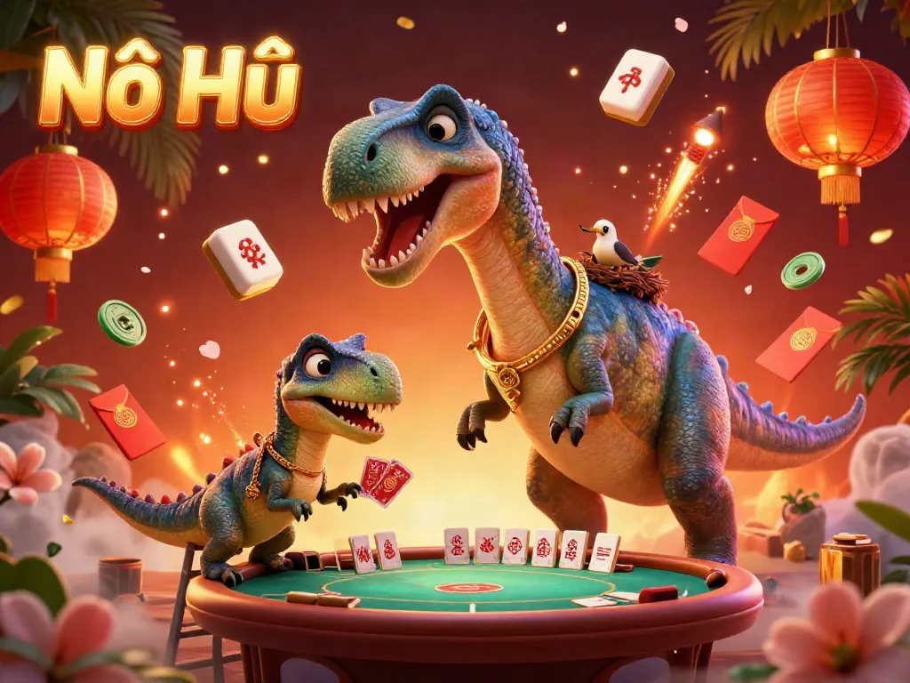 Engage in Nổ Hũ action with a whimsical 3D scene featuring a towering brontosaurus and raptor dealer in a vibrant casino atmosphere.