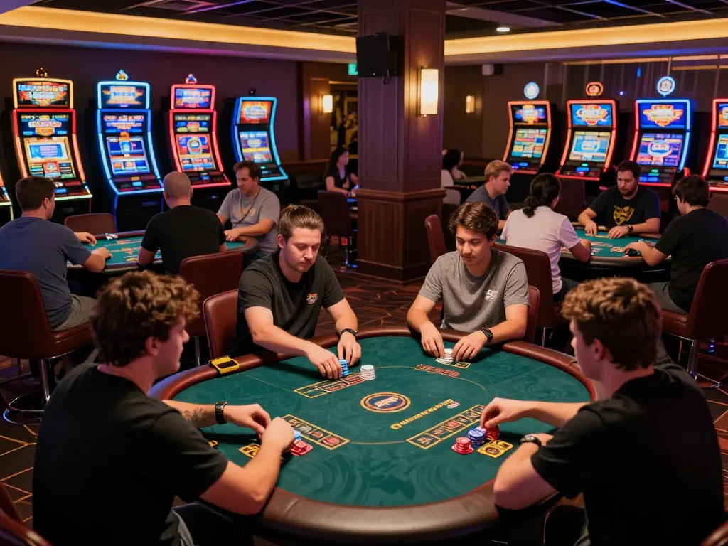 B52 club gaming floor with players at poker tables calculating strategies, vibrant atmosphere.