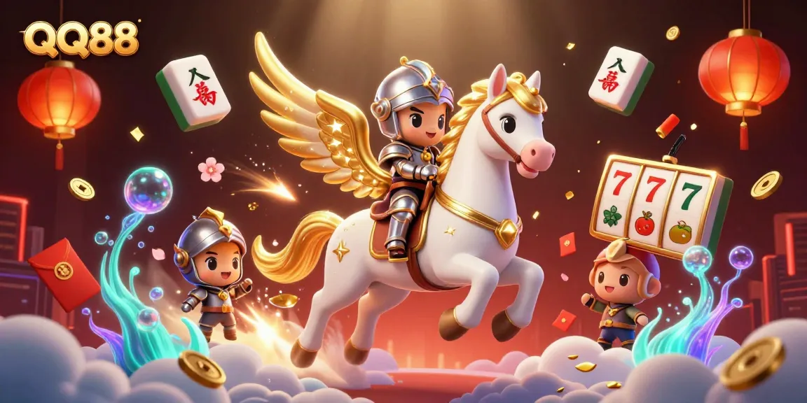 Experience QQ88's thrilling adventure with a celestial horse and knight amid vibrant gambling symbols.
