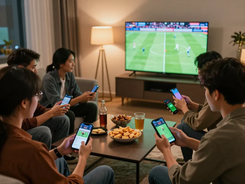 Watch xem bóng đá trực tuyến kèo nhà cái on mobile while friends celebrate a football match at home.
