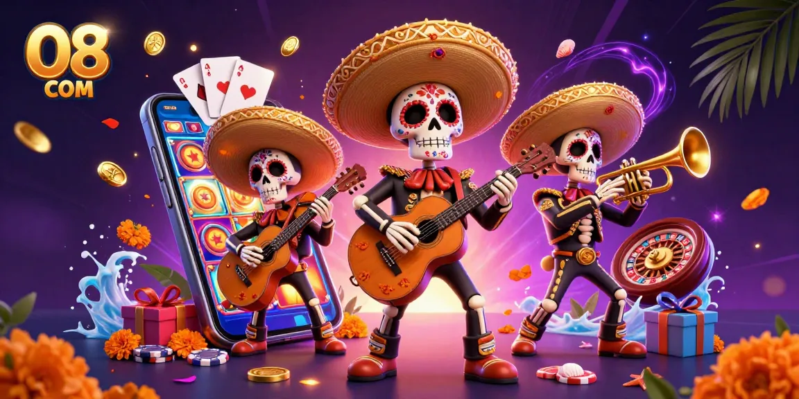 Experience thrilling gameplay with O8 COM featuring colorful slots, mariachis, and vibrant casino elements.