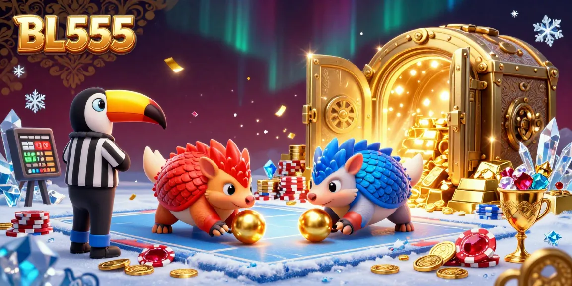 Experience the excitement of BL555 with rival pangolins and golden treasures in a dynamic casino scene.
