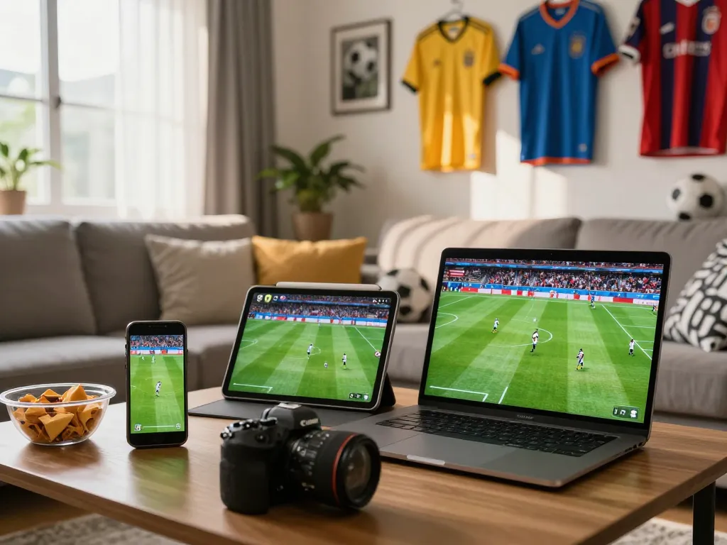 Xoilac soccer streaming scene with viewer watching game on multiple devices in a cozy living room.