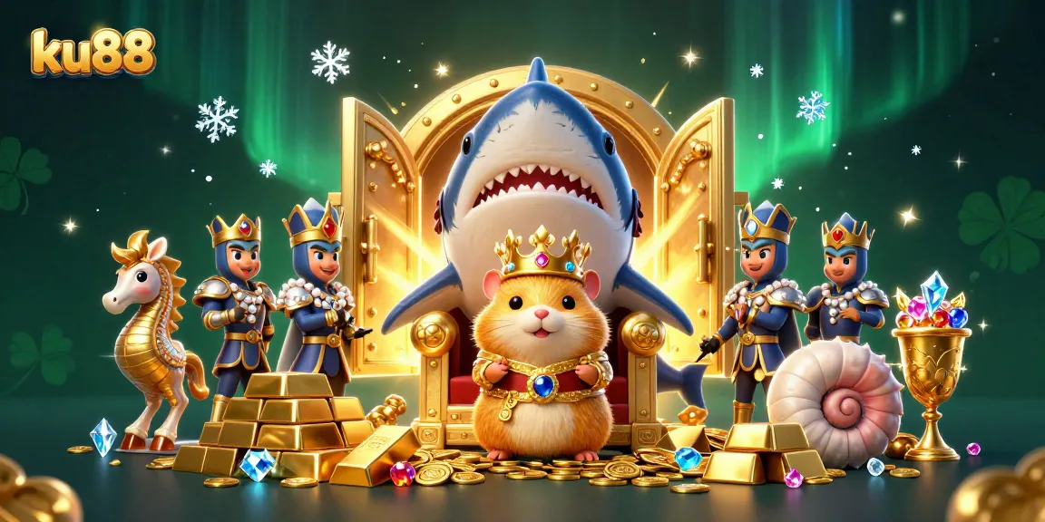 ku88 captures excitement with a hamster king seated on a shark tooth throne amidst treasure