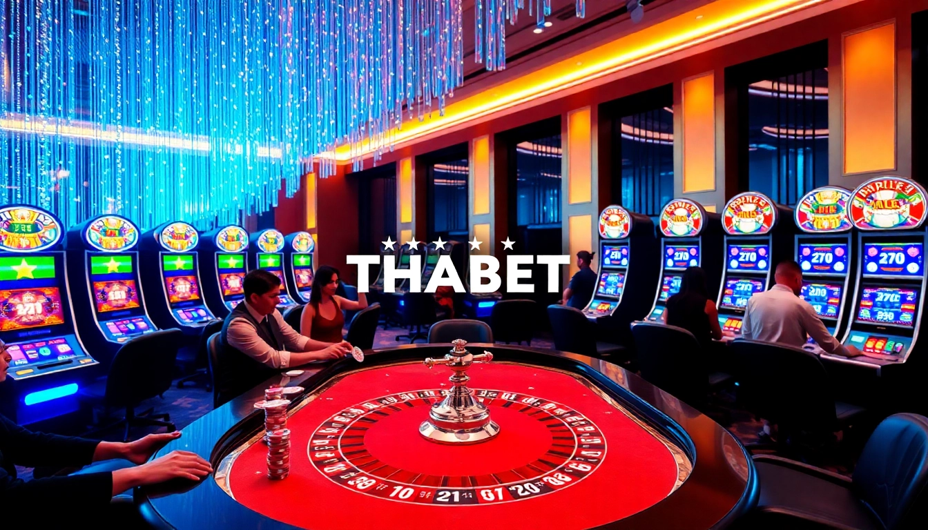 THABET gaming table with excited players and vibrant slot machines in a luxurious casino setting.