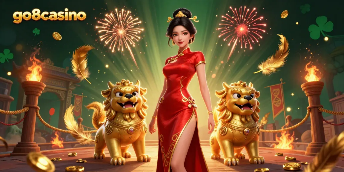 Experience thrilling games at go8casino featuring a glamorous Asian avatar amidst fireworks and lucky symbols.