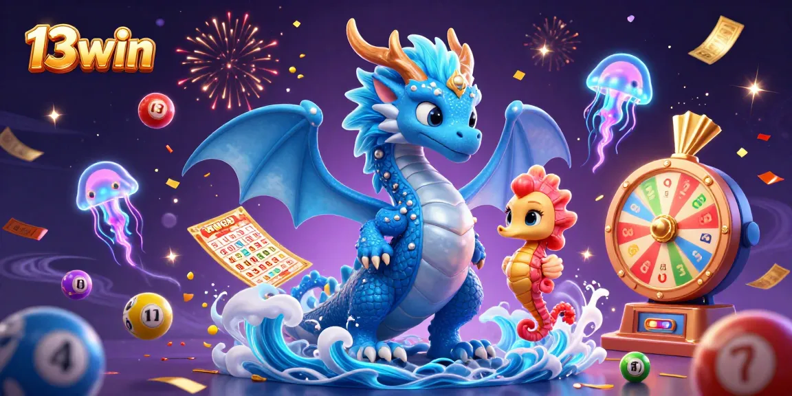 Engage with 13win in an exciting 3D illustration showcasing vibrant gambling elements and characters.