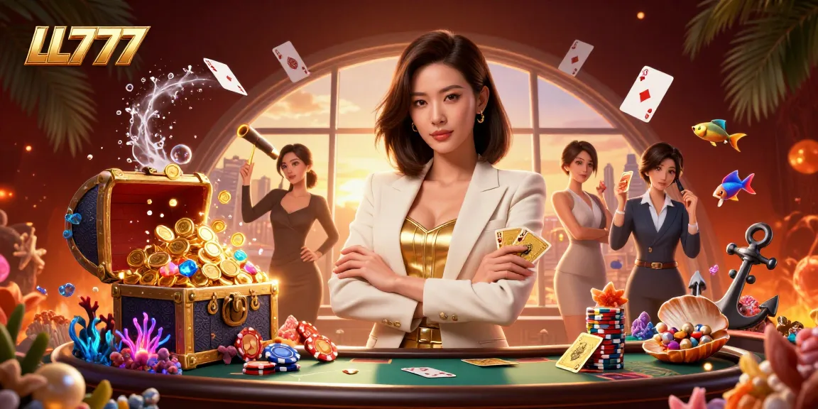 LL777 supports thrilling gaming experiences with gold coins, floating cards, and a powerful business-woman.