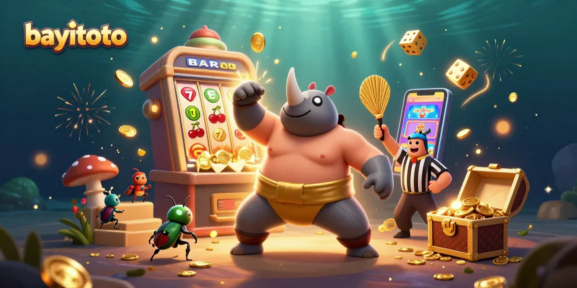 Experience the excitement of bayitoto with a cartoon beetle champion amidst a thrilling jackpot scene.