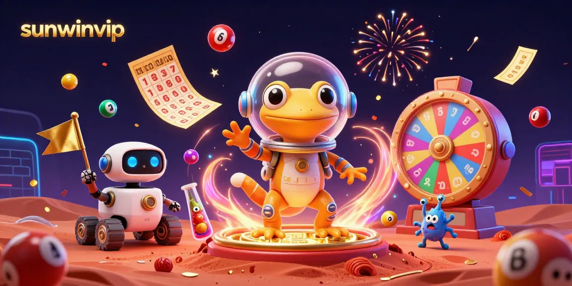 Engage with sunwinvip at a vibrant Martian casino depicted with a cartoon Martian gecko and dynamic lottery elements.