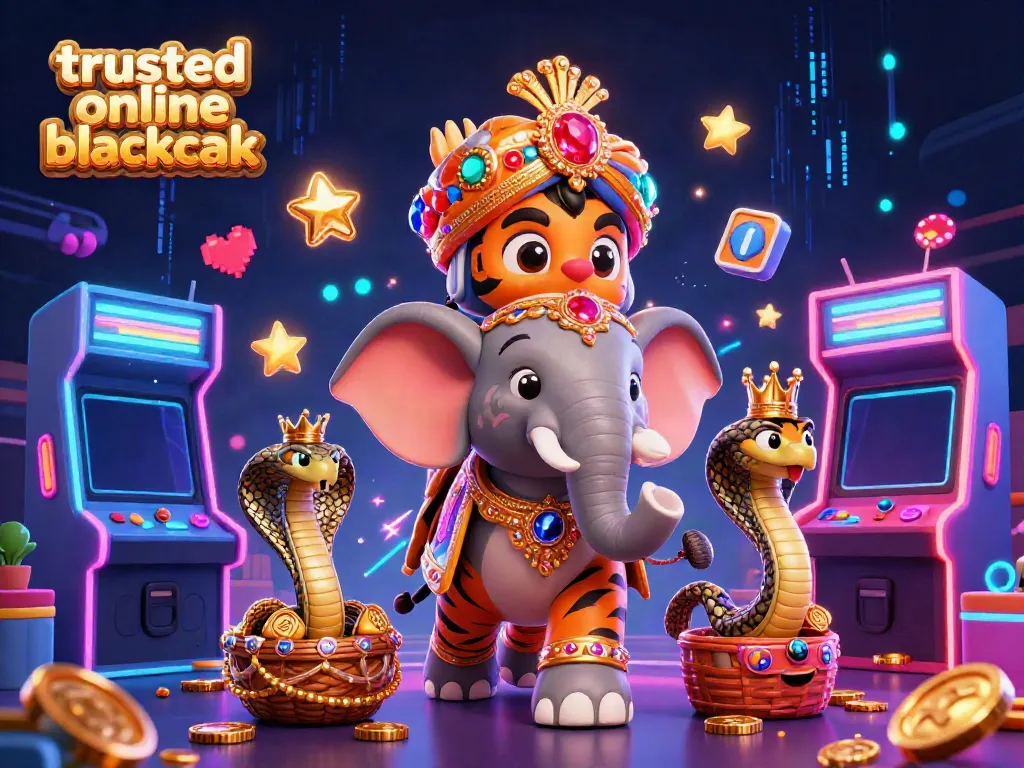 Engage in trusted online blackjack with a vibrant 3D casino scene featuring a maharaja tiger.