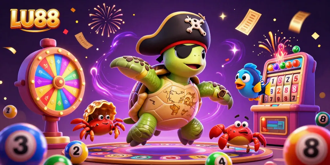 LU88 showcases exciting gambling moments with vibrant slots, lottery balls, and treasure elements.