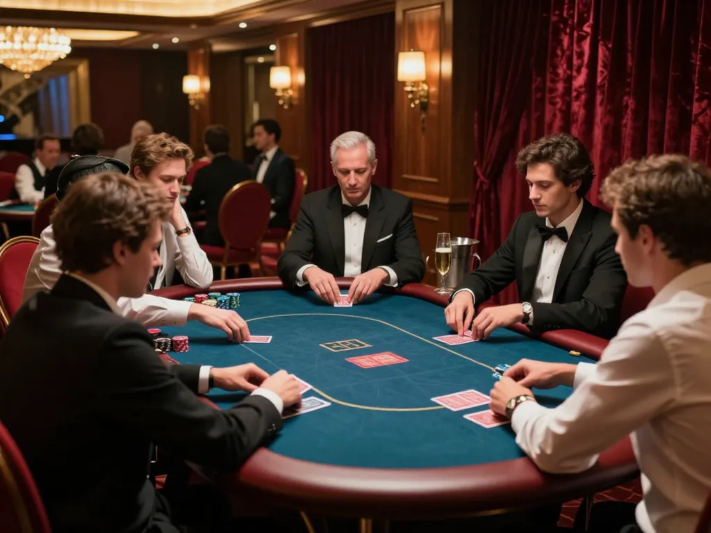 Engaged players at LV88 poker table in a luxurious VIP casino setting.