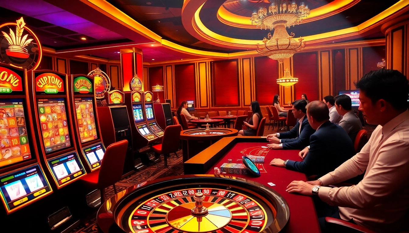 Tải App Nhà Cái 68VIP - Downloading the 68VIP app in a luxurious casino scene filled with excitement and vibrant games.