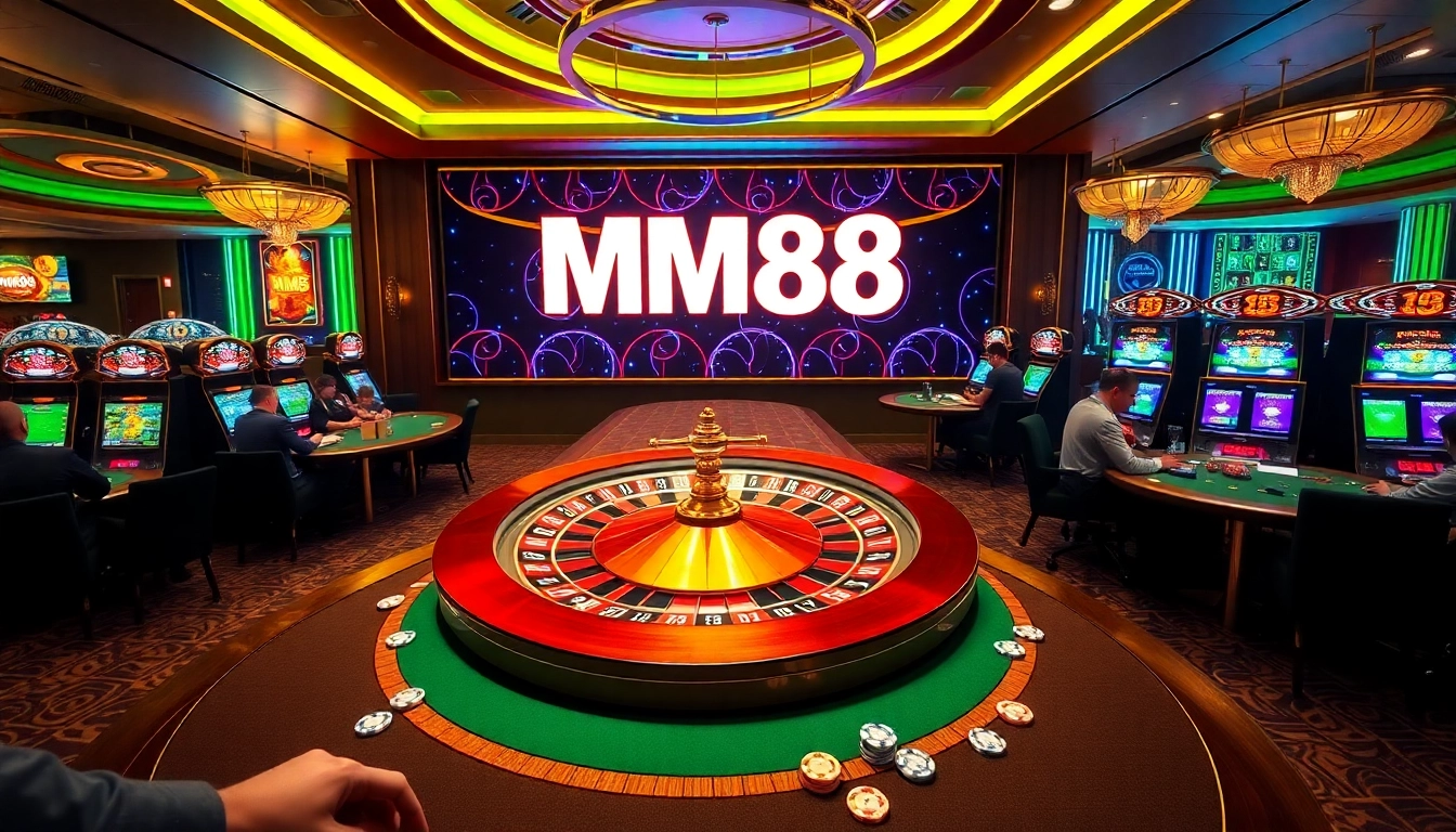 Experience the thrill of gaming at MM88 Osaka with players at roulette and poker tables.