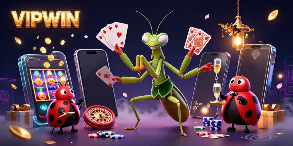 Experience the excitement of VIPWIN casino with a vibrant illustration showcasing gaming action and rich visuals.